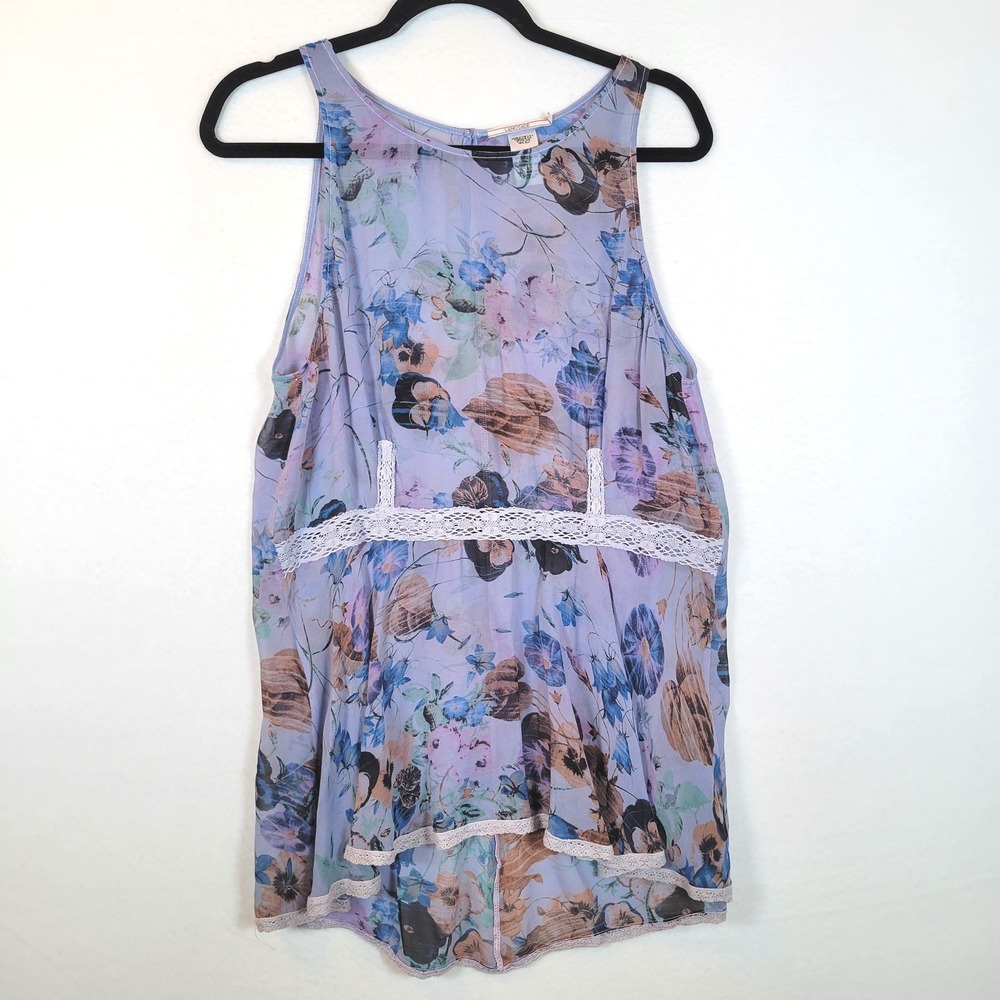 Language Womens Floral Silk Lace Sheer Tank Top Large Purple Y2k Dark Romance